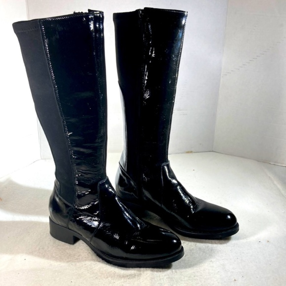 Bos & Co Women’s Black Patent Leather and Micro Suede Tall Moto Goth Emo Boots